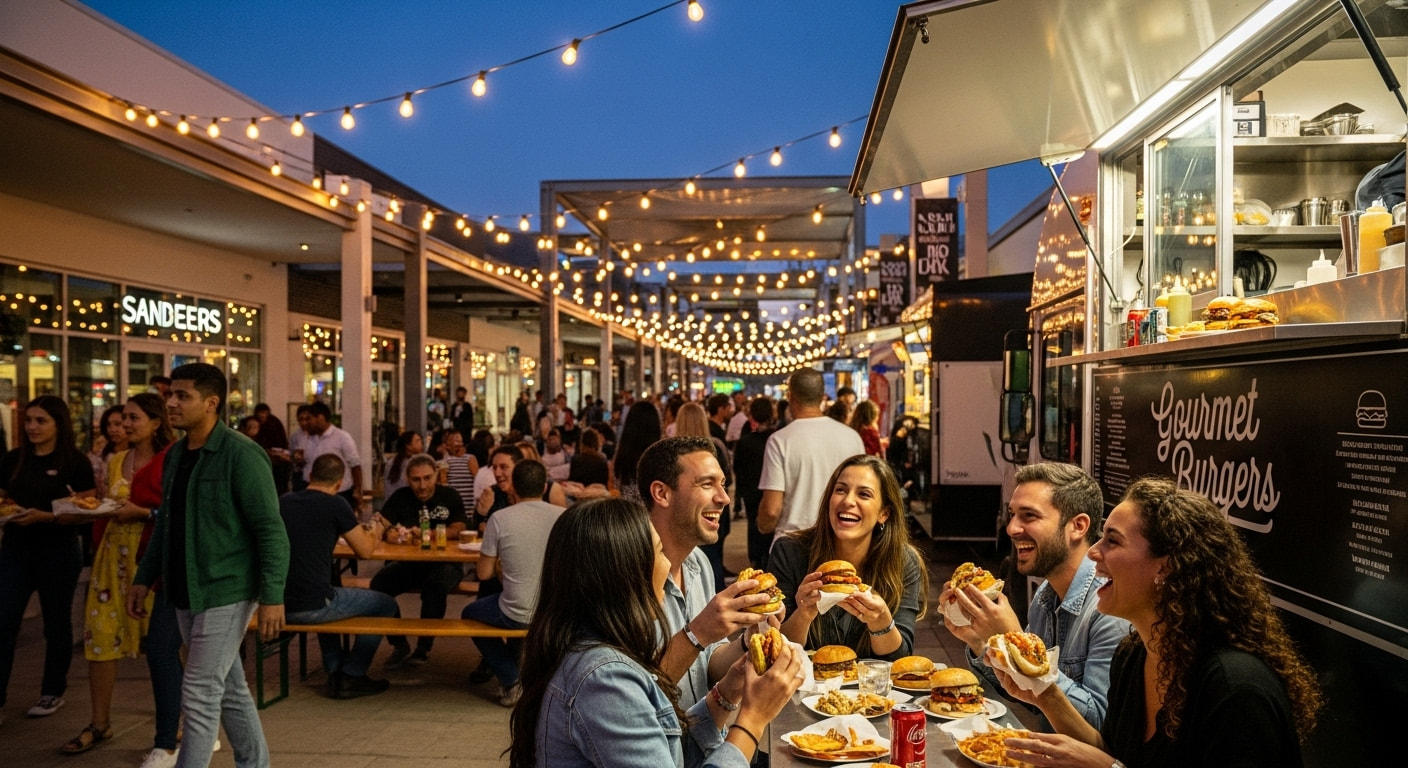 Family enjoying outdoor festival with food and music